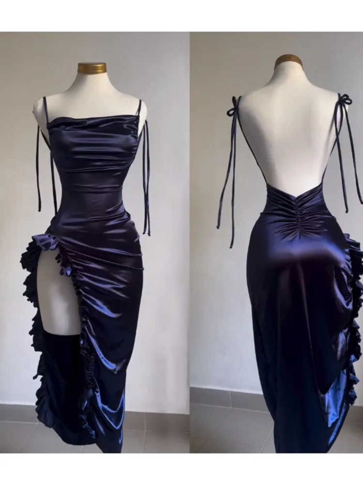 

Slit Sexy Dress Party Prom Dresses 2025 Woman Vestidos Spaghetti Strap Hot Girl Style Club Bodycon Pleated Backless Slim Vestido