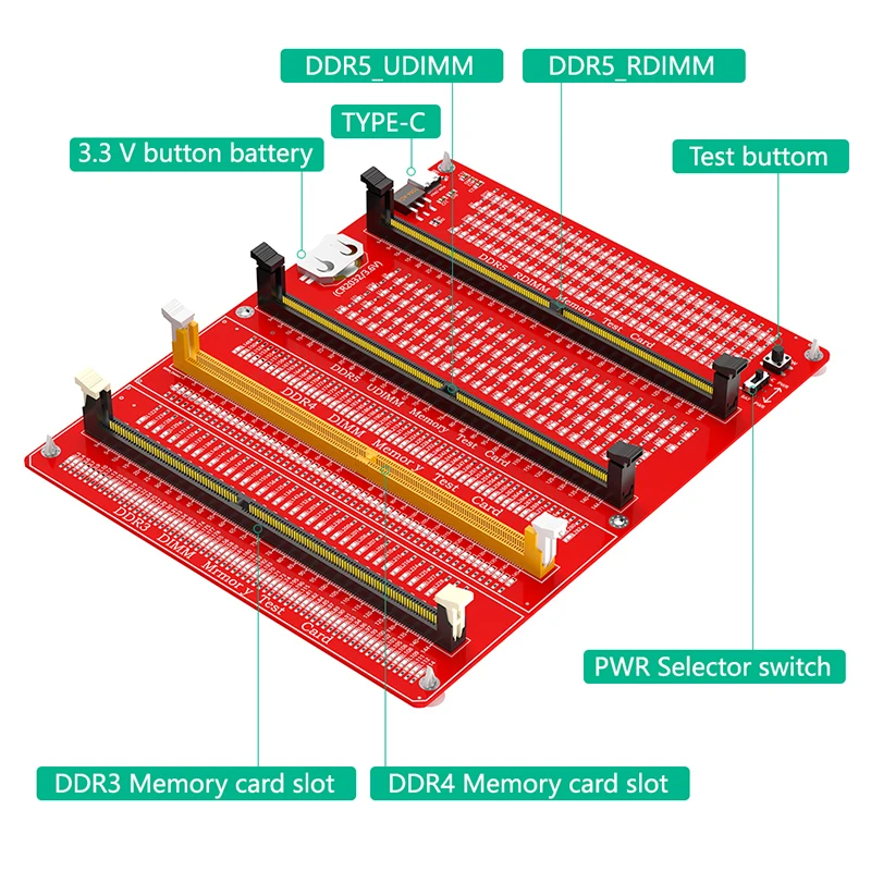 DDR3/4/5 RDIMM/UDIMM Memory Tester with LED Indicator Type C Power Supply Test Button Desktop Computer DDR3/4/5 Memory Test Card