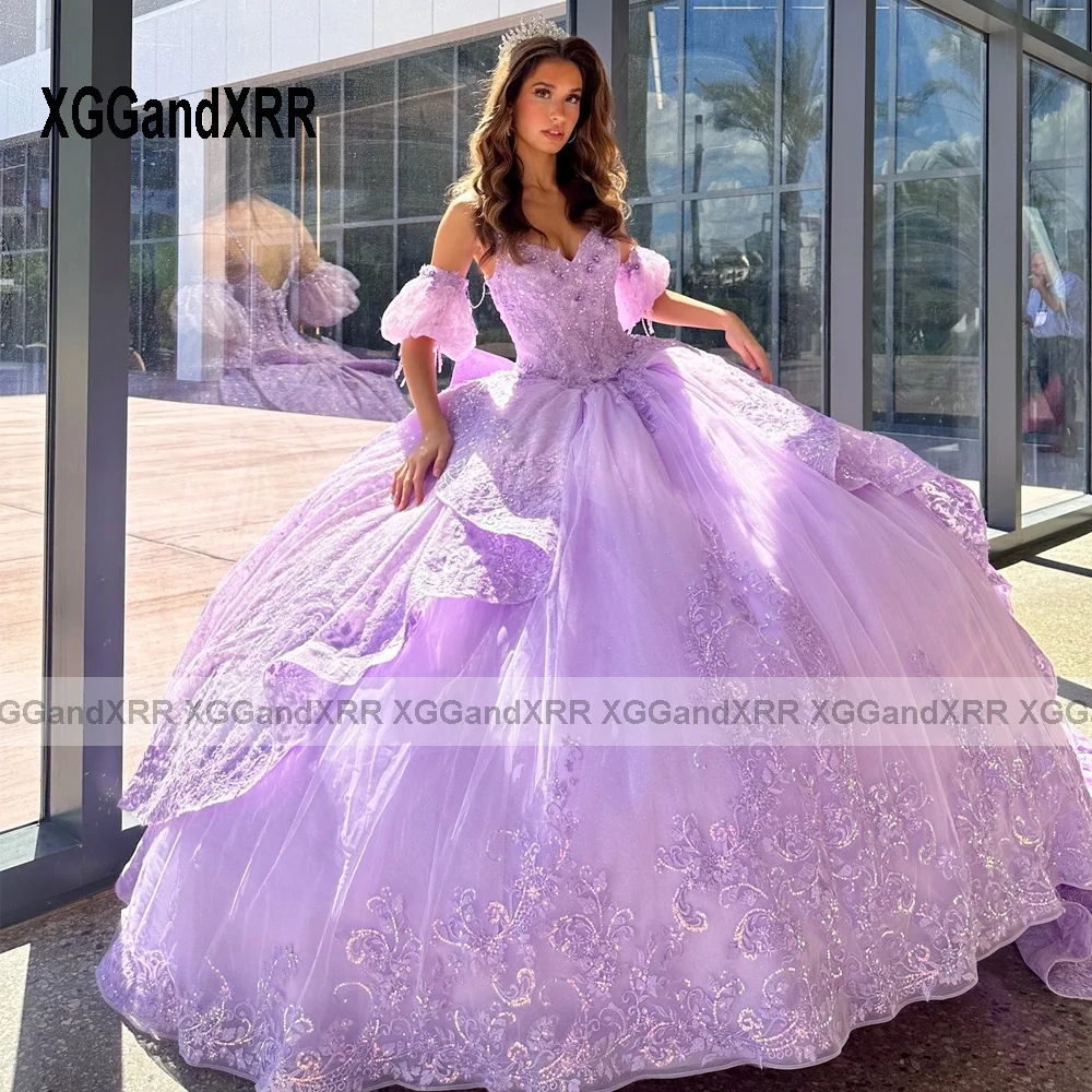 Purple Mexican Vestidos De 15 Quinceañera 3D Flower Sweetheart Layers Applique Ball Gown Sweet 15 16 Birthday Quinceanera Dress