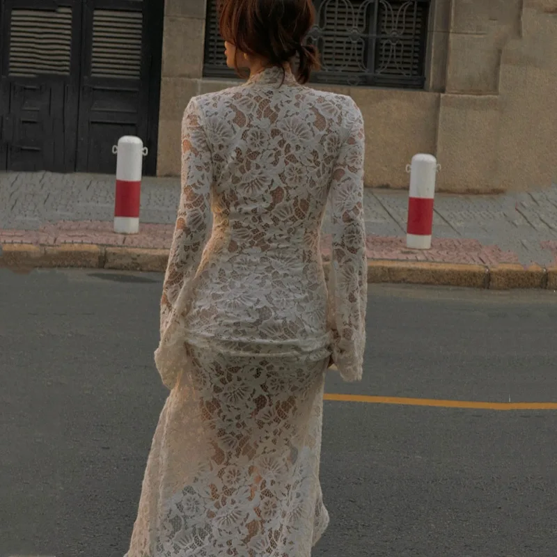 Sexy White Lace Printed Maxi Dress For Women See-Through Hollow Out Full Sleeve V Neck Slit Slim Long Dress Party Club Outfit