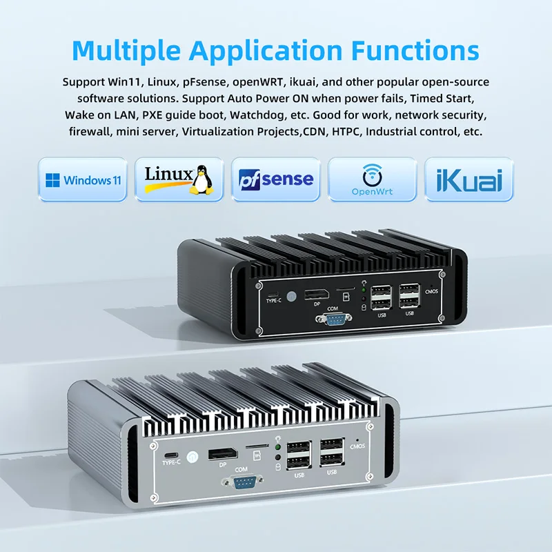 كمبيوتر TexHoo Mini، Intel N100 Win 11/Linux PC، 16 جيجابايت DDR5، 256 جيجابايت M.2 SSD، 5LAN + 1COM خادم/أمن الشبكة/جدران الحماية/الكمبيوتر الصناعي