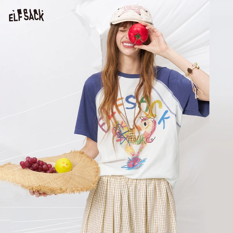 

ELFSACK Cute Unicorn Print Raglan T-Shirt, Oversized Colorful Graffiti Short Sleeve Tee, Sweet Casual Top for Summer Streetwear