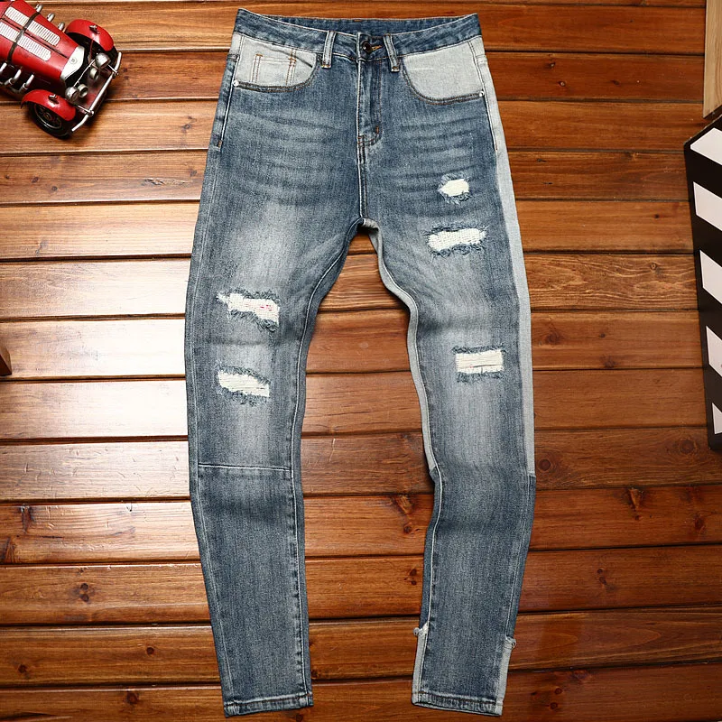 Jeans patchwork pour hommes, pantalons skinny personnalisés, pantalons déchirés, printemps et automne