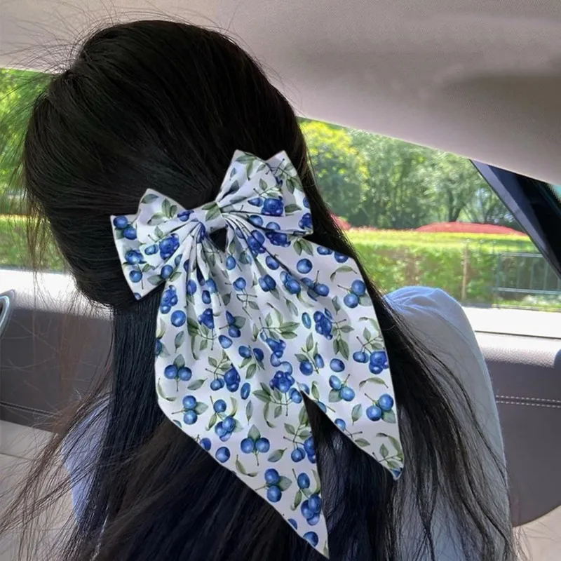 الكرز طباعة طبقة مزدوجة القوس الربيع كليب عنبية العنب التعادل صبغ النسيج طويل غاسل لطيف إكسسوارات الشعر للنساء