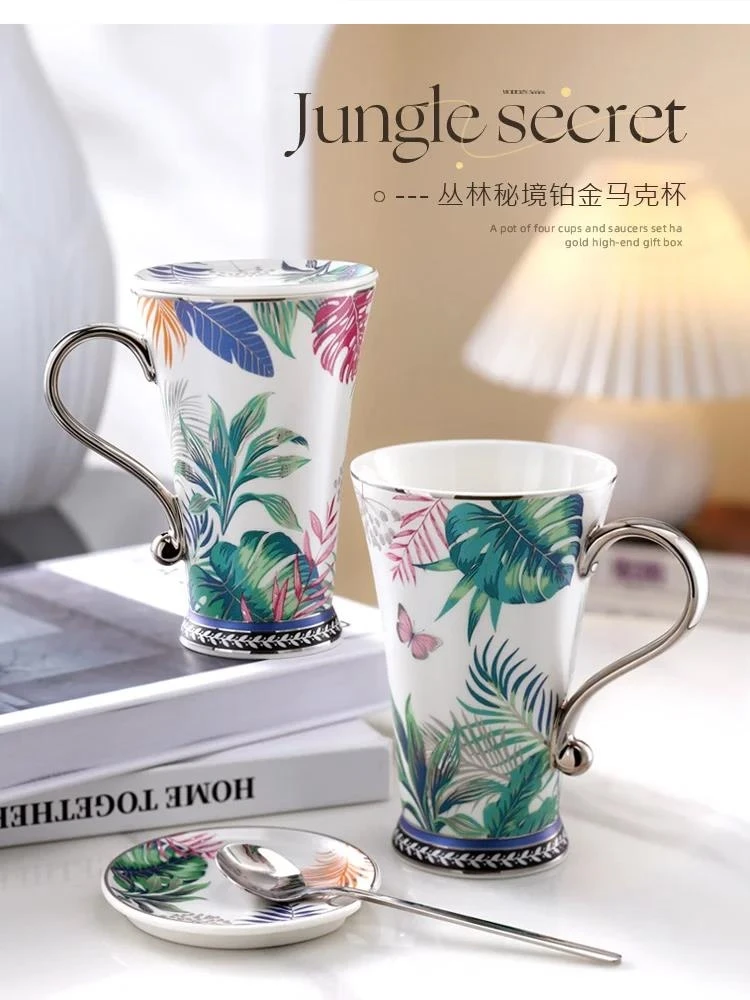 

320ML Garden ceramic mugs cups handle mug lid spoon water Household teacup