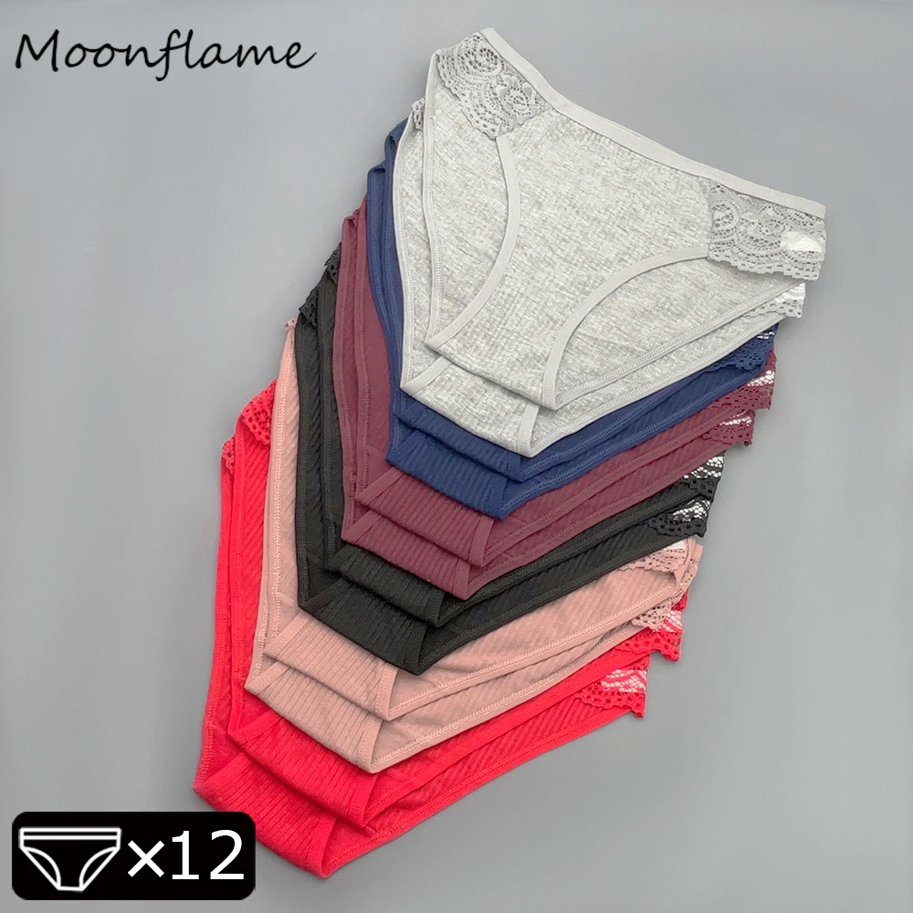 

Moonflame 12 PCS/SET Cotton Striped Underwear Women's Lace Panties Sexy Floral Comfortable Briefs Low-Waist Breathable Lingerie
