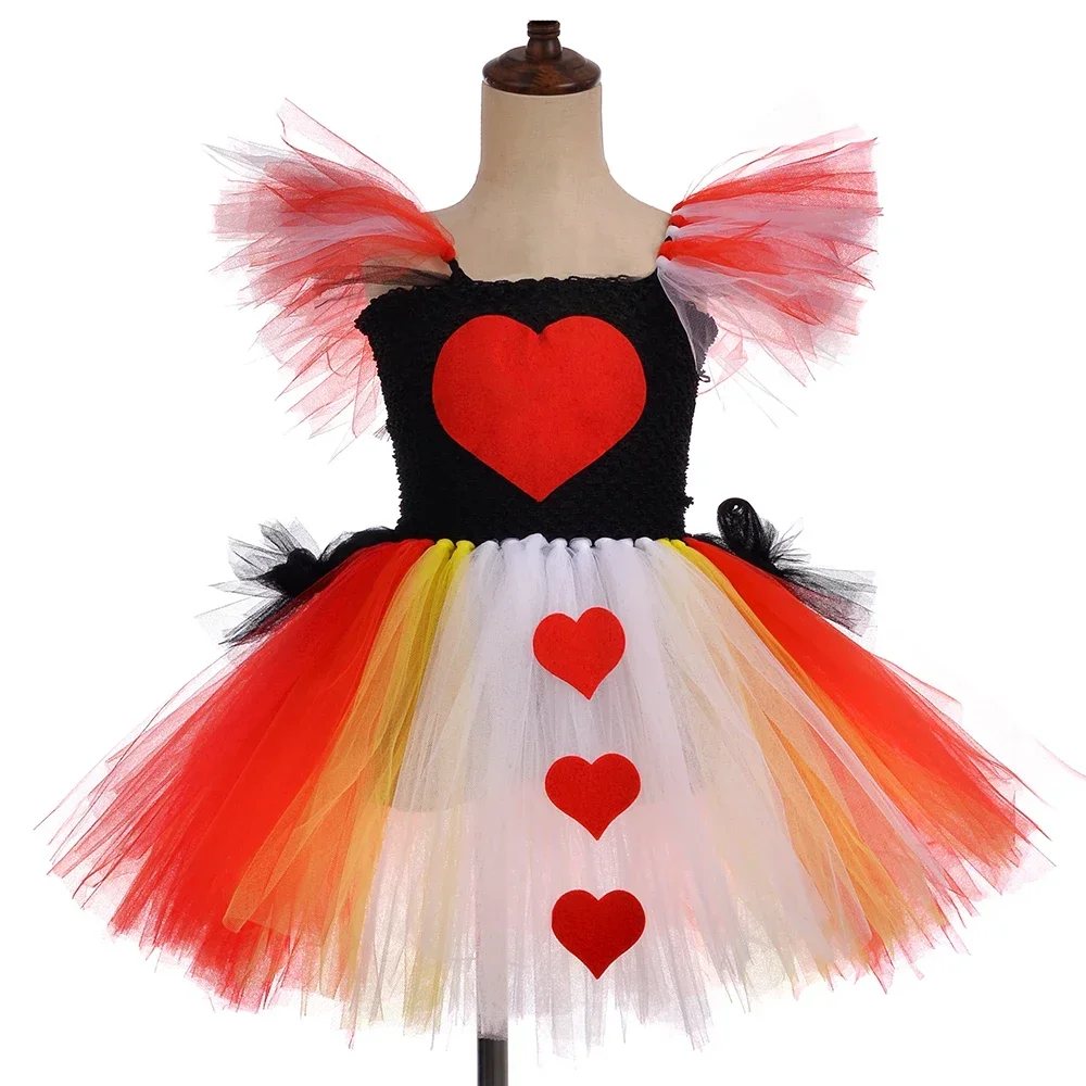 Queen of Hearts Costume Kids Halloween Carnival Party Dresses Wonderland Evil Red Queen Tutu Dress Girls Fancy Princess Dress Up