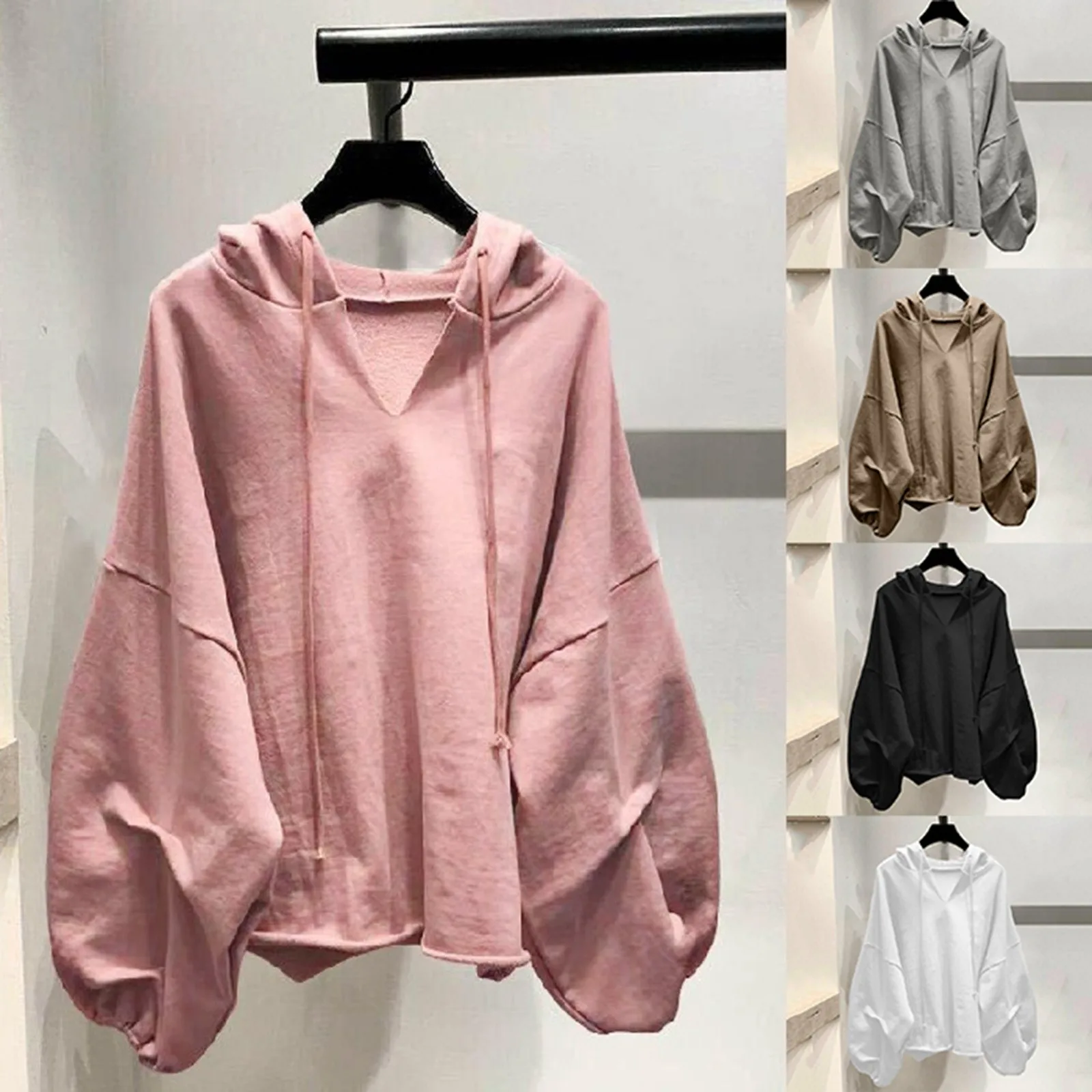 

Fashion Hooded Sweatshirts Solid Color V Neck Loose Hoodies For Women V-Neck Long Sleeve Sweatshirts 2024 Autumn Winter Hoodies