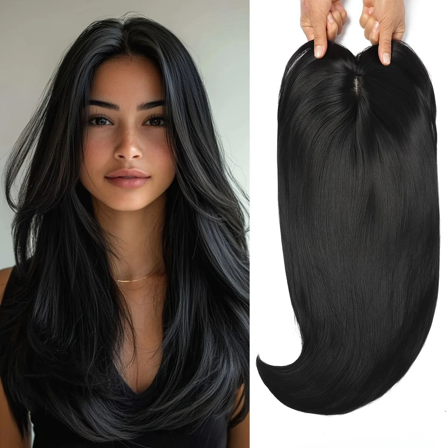 Elegant 22-inch straight synthetic wig block for women, high-heat fiber, light brown to black gradient, mid-life curly hair, eas image 5