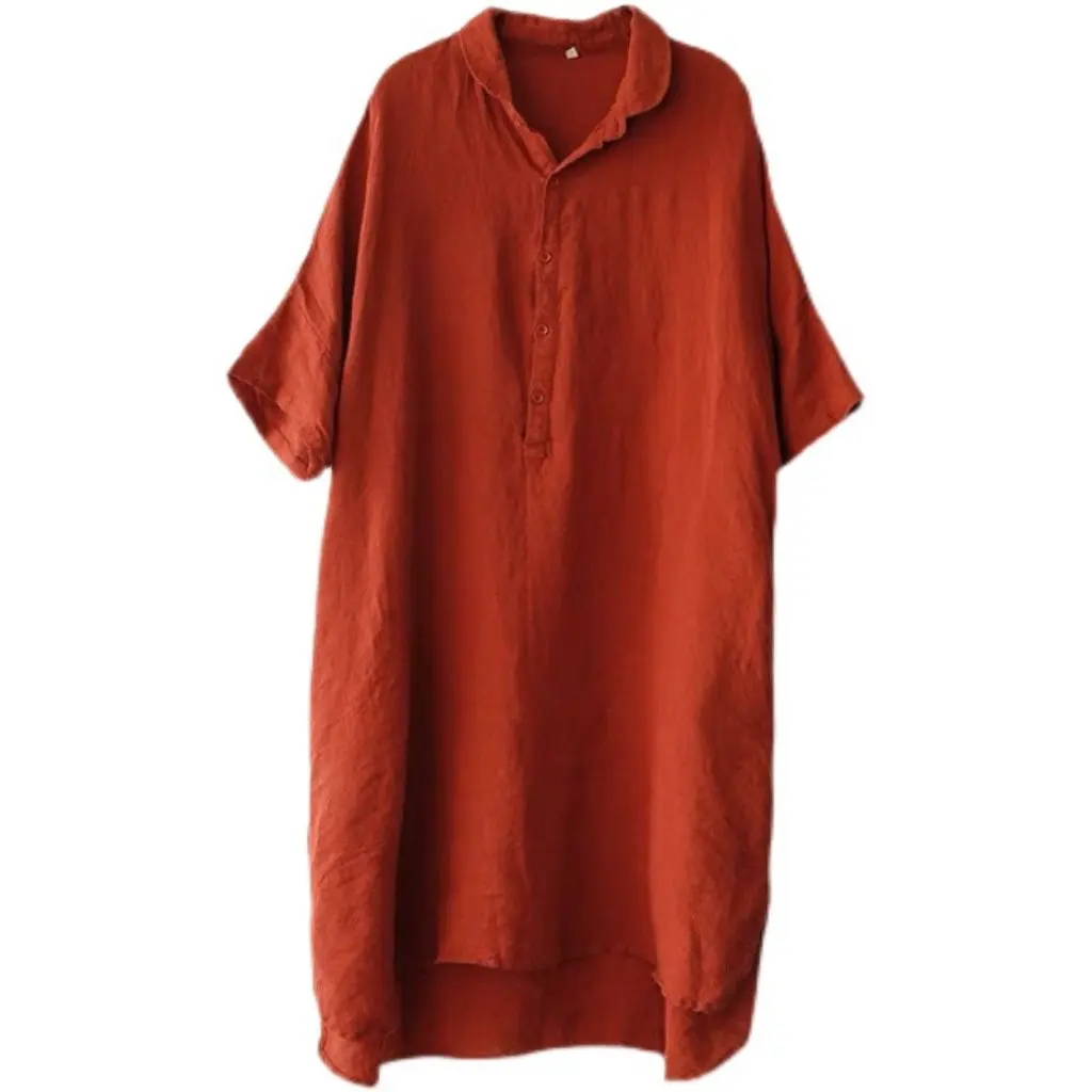 Falda midi de lino de color sólido artístico vintage para mujer Camisa holgada de media manga con cuello abierto Moda de verano
