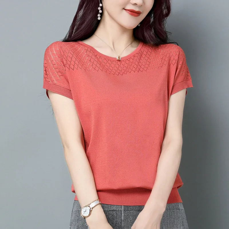 2023 Summer Women\'s Pullover Round Neck Hollow Solid Short Sleeve Tee T-shirt Fashion Casual Elegant Holiday Office Lady Tops