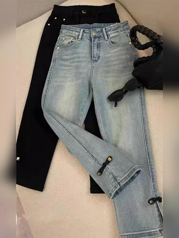 

New Chinese Style Slimming Elastic Denim Cigarette Pants High Waist Straight Leg Nine Points Women's Jeans Spring Summer 2024