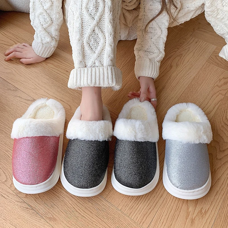 Faux Fur Home Slippers for Women Winter Indoor Non-slip Thicked Plush Slides Woman Comfort Soft Bottom Warm Cotton Slippers