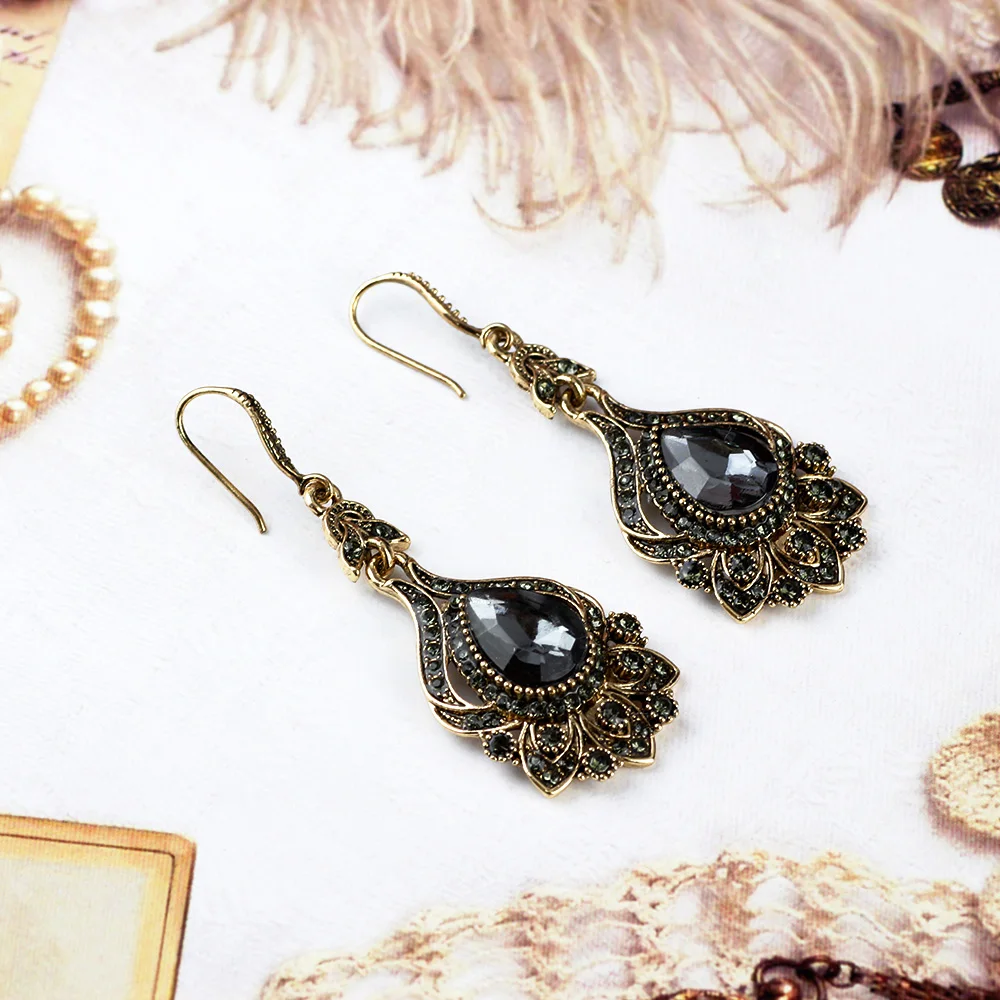 Sunspicems Luxury Boho Gray Crystal Earrings For Women Antique Gold Color Party Drop Earring Turkish Vintage Jewelry Bridal Gift