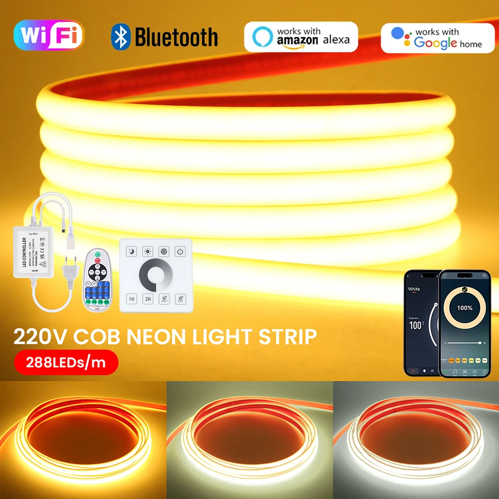 

220V Bluetooth WIFI COB Neon LED Strip Light With Adhesive Tape 23key Remote Control Power Kit 288LED Waterproof Flexible Ribbon