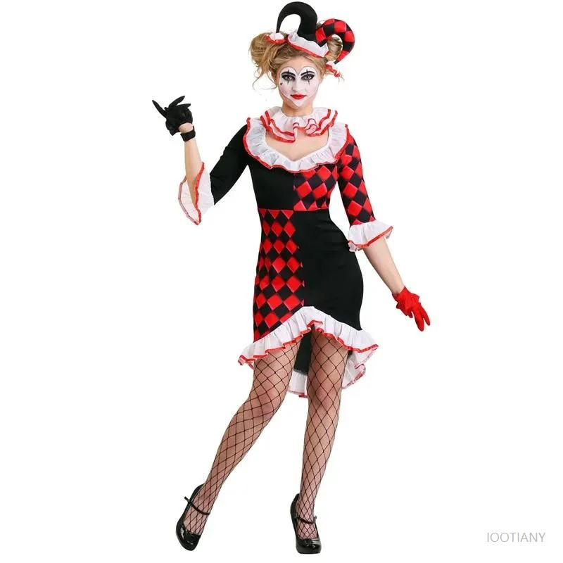 

Halloween Carnival Sexy Naughty Clown Magician Role Funny Costume Party Club Cross-dress Circus Black And Red Costume Dress