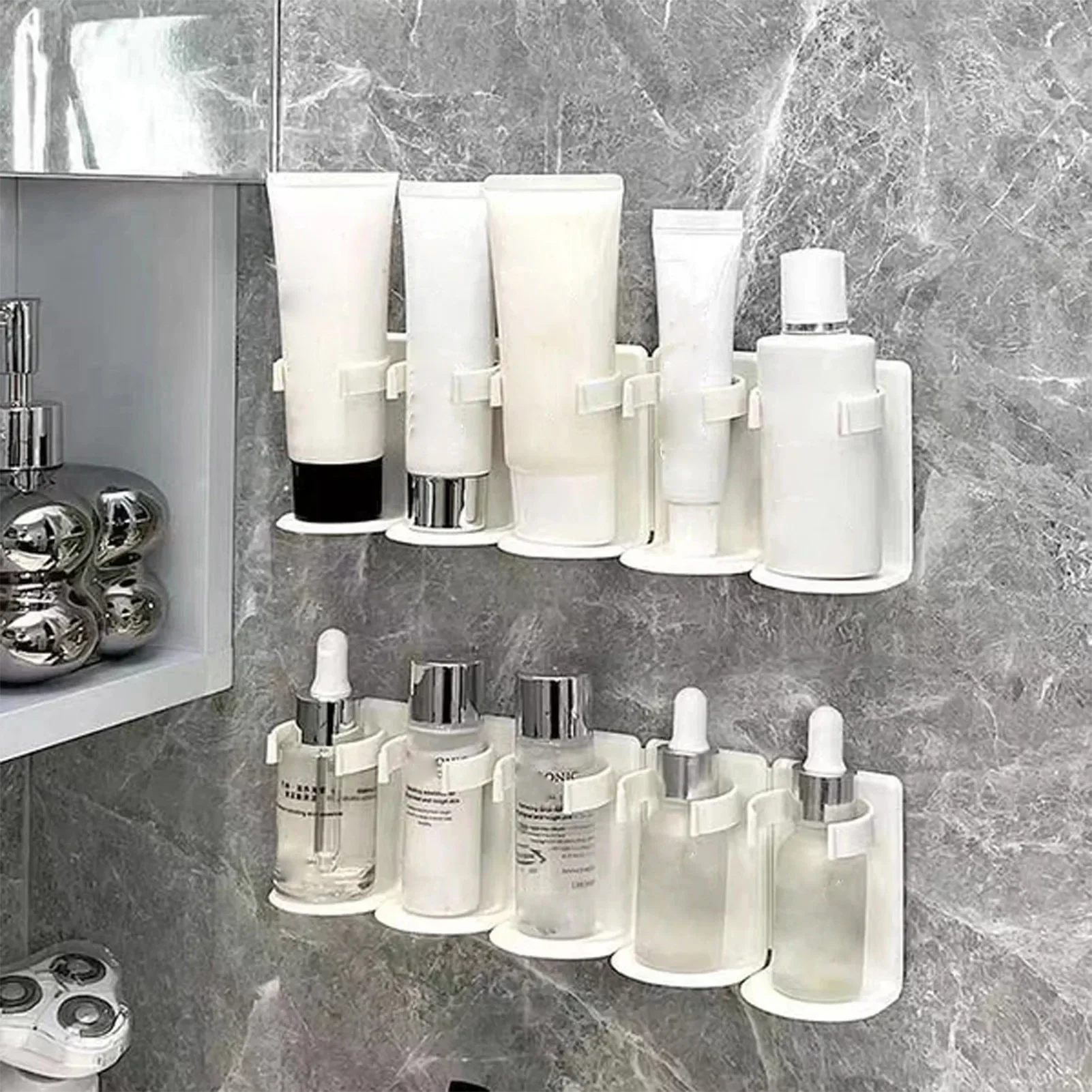 رف توابل لاصق مكون من قطعتين - منظم بلاستيكي مثبت على الحائط مكون من 5 فتحات للمطبخ/الحمام، حامل زجاجة توابل بدون حفر (أبيض)