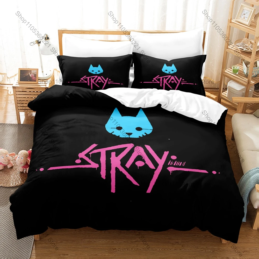 Adventure Game Bedding Set, Duvet Cover + 2 Pillowcases, Cat and Momo Design, Comfortable Bedroom Supplies