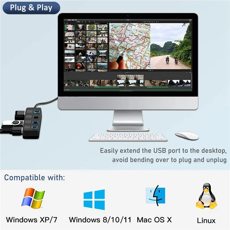 A003 Hub USB 3.0 a 4 porte con interruttori di alimentazione illuminati a LED individuali Adattatore HUB USB Espansore Splitter multi USB per PC Mac