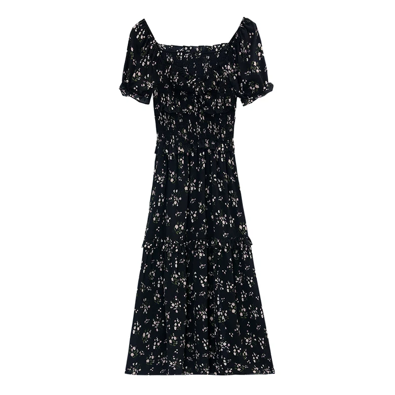 Damska długa sukienka 2025 letnia szyfonowa czarna kwiatowa szczupła Boho plażowa odzież uliczna wakacje
