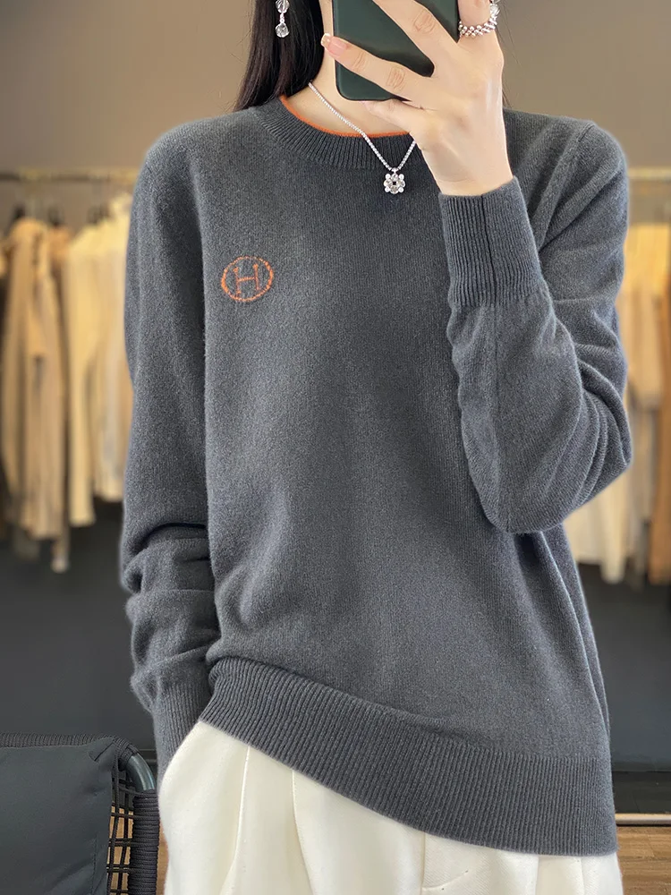 

Женская толстовка из 100% мериносовой шерсти с круглым вырезом, осень-зима, повседневный модный вязаный кашемировый свитер