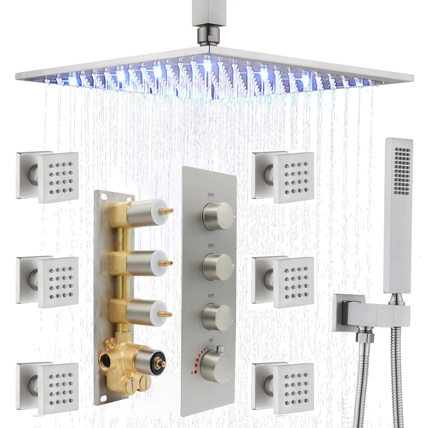 Chrome 12-Inch Modern Luxury LED Rainfall Shower Heads System Body Spray Brass Faucet Combo Set with 3-Year Warranty