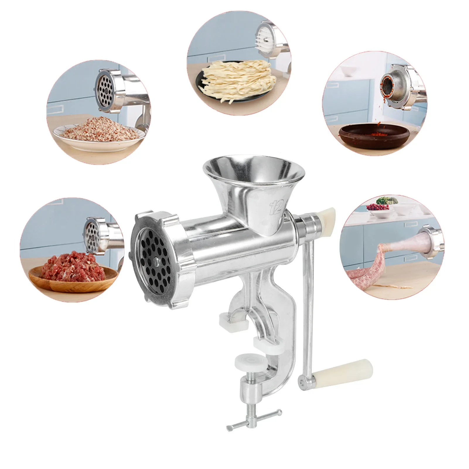 Silver Aluminum Alloy Manual Meat Grinder,Powerful Home Sausage Kitchen Appliances,Vegetable Chopper,Pepper Supplies,Mincer, 1Pc