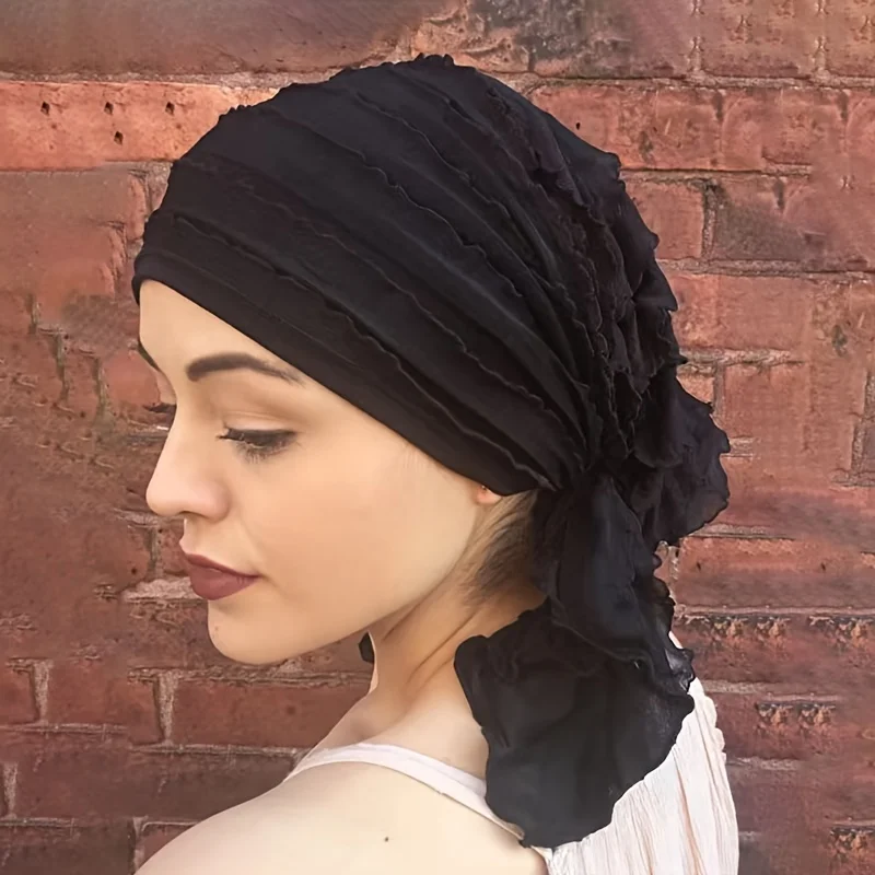 Women\'s Hijab Ruffle Trim Breathable Pleated Head Scarf Cap Breathable Hair Cap Fashionable Turban Multicolor Available