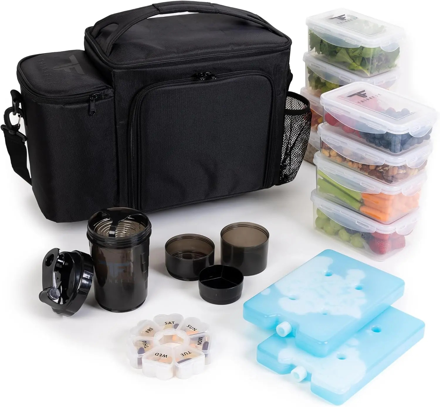 

Large Insulated Lunch Bag with 8 Meal Prep Containers, Pill Organizer, Shaker Cup & Ice Packs