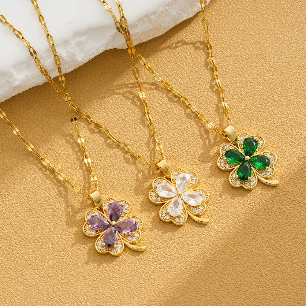 Женские модные аксессуары, универсальная цепочка на ключицу, ожерелье из титановой стали с цветком из четырехлистного циркония.