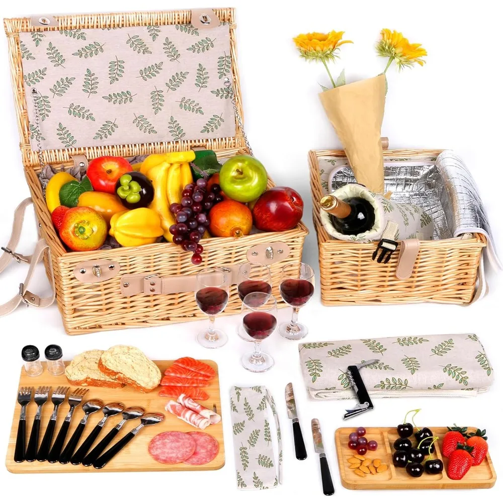 Dual Wicker Picnic Basket Set with Blanket Charcuterie Boards for 2/4/6