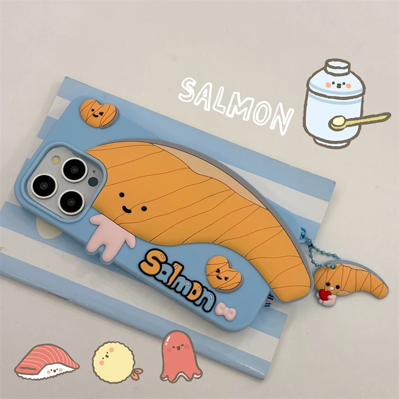 For iPhone 16 15 14 13 Pro Max promax 3D Salmon Fish Soft Silicone Phone Case With Pendant Cartoon Food Funny Cover