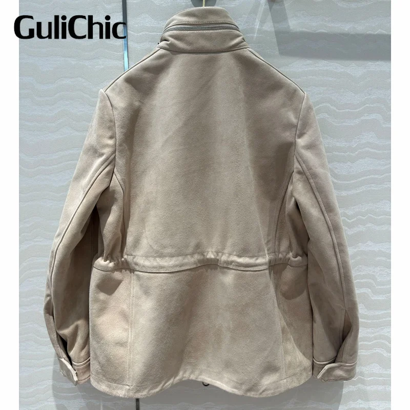 8.20 GuliChic High Quality Fashion Casual Traveller Outerwear Women Drawstring Collect Waist Temperament Genuine Leather Jacket