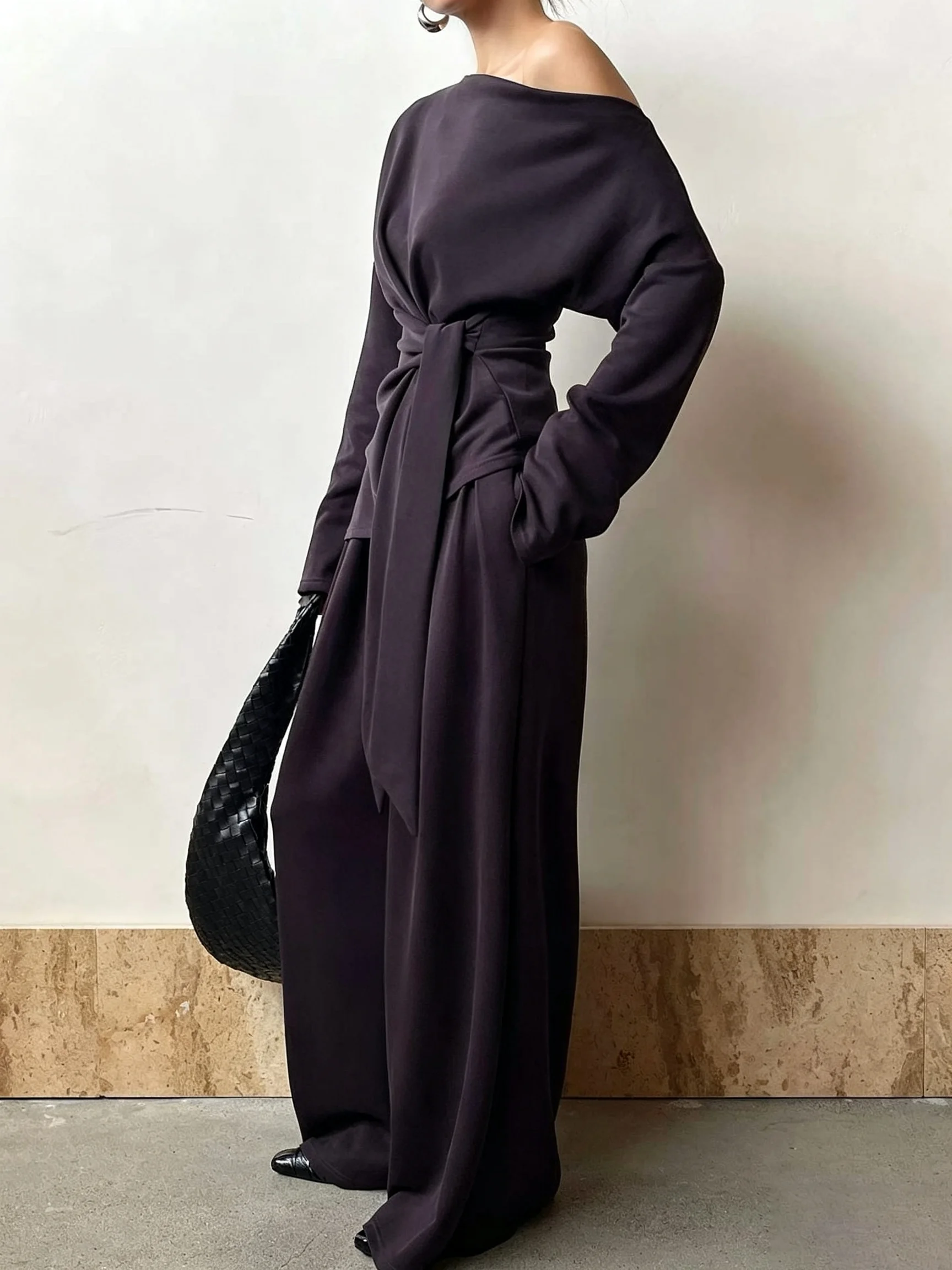 PUAL  2026 Two Piece Outfit, Off Shoulder Tie Waist Top + Draped Wide Leg Pants,Slim Fit Casual Lounge Matching Set