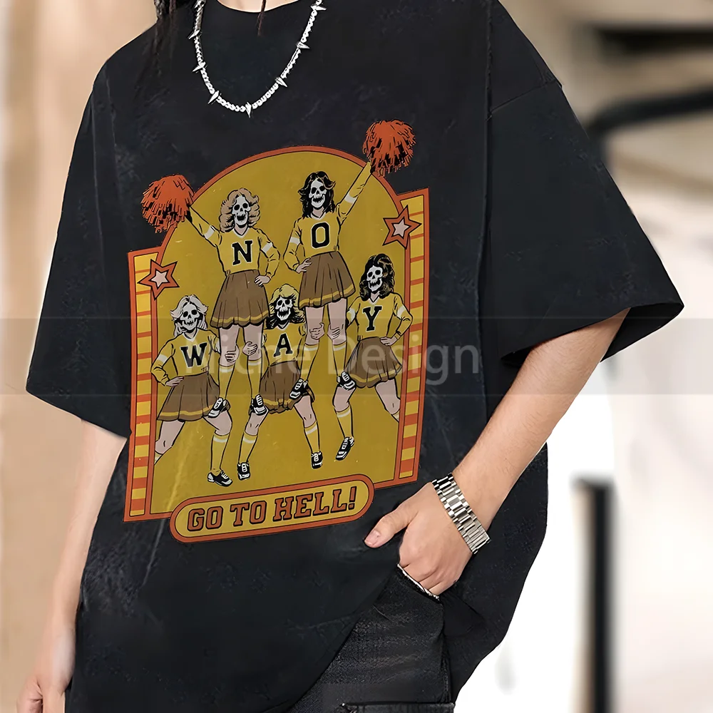 

Vintage Cotton T-Shirt Horror Celebration Skull Halloween Letter Print Crew Neck Loose Shoulder Designer New Short Sleeves