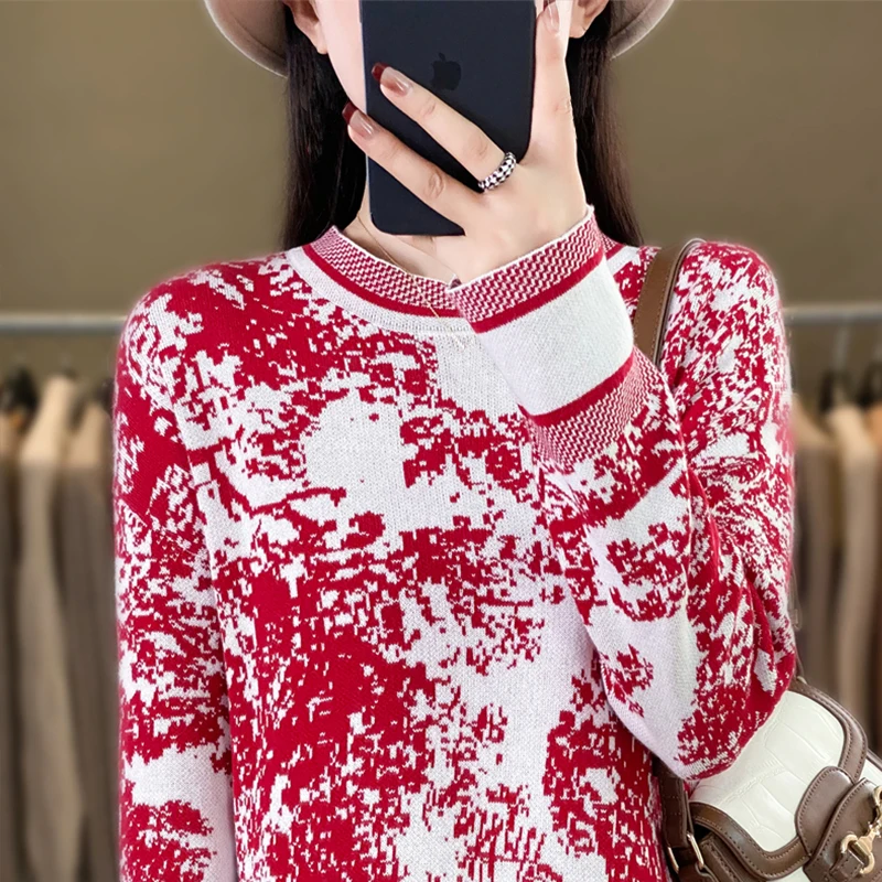 Women O-Neck Long Sleeve Pullover Knitted Ink and Wash Fashion Cotton Sweater Long Sleeve Casual Slim All Match Jumper Female