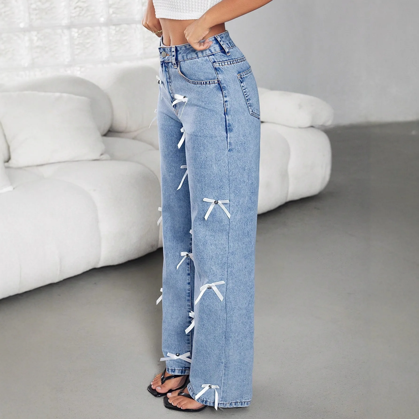 Jeans Straight Wide Leg Pants Women Bow Floor Length Mid Waist Distressed Washed Female Vintage Denims Trousers Streetwear