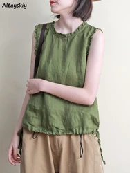 Vests Women Minimalist Pure Ruched Retro Daily All-match Shirring Summer Korean Style Casual Basic Mujer Stylish Tender Elegant