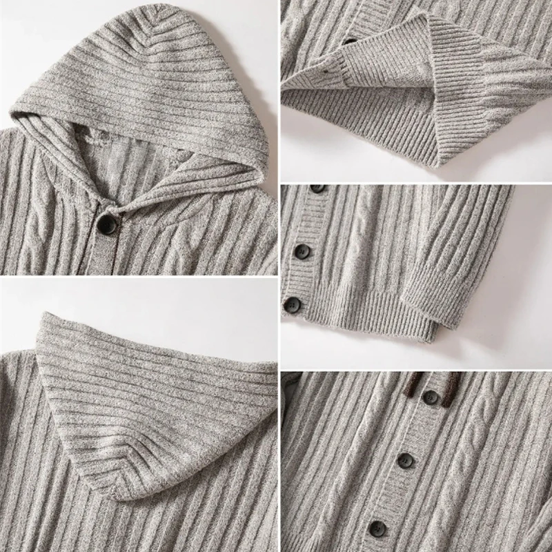 Hochwertige Herren-Cardiganjacke mit Kapuze, gerippt, Retro, dick, warm, mit Knöpfen, Herbst-Winter, lässige Oberbekleidung, Streetwear-Oberteil – Detail 5