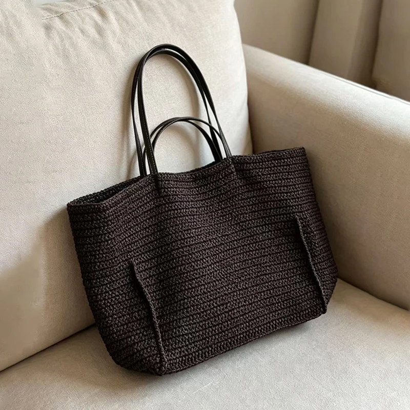 Handgewebte Stroh-Strandtasche, Große Kapazität Damen-Schultertasche, Leichte Vielseitige Sommer-Handtasche für Pendeln und Reisen, Khaki – Detail 2