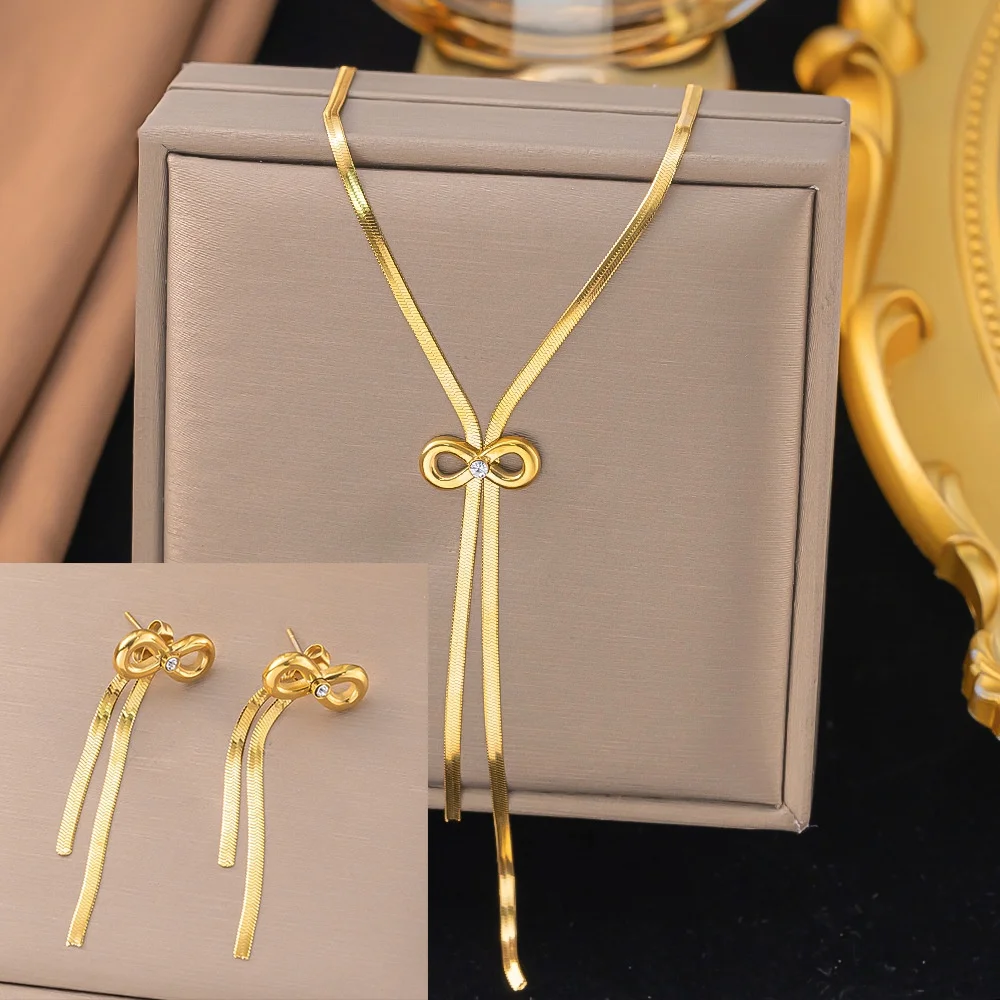Edelstahl Schleifenknoten Quasten-Halskette und Ohrringe Schmuckset für Damen Goldfarben Kette Accessoires Hochzeitsgeschenke 2025 Neu