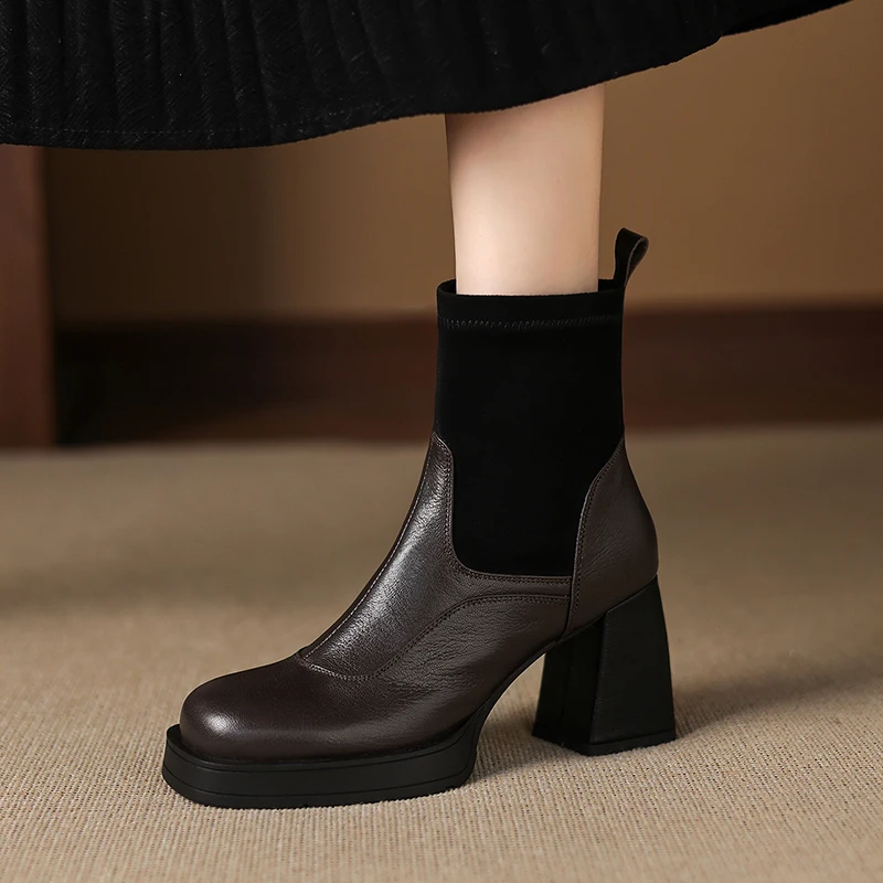 

Elegant 2025 Genuine Leather Ankle Boots for Women Thick High Heels Stretch Short Autumn Winter Shoes Woman Boots Platform Boots