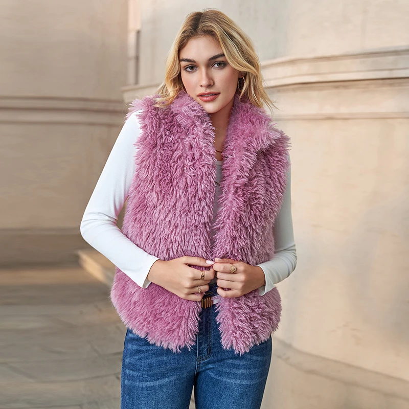 Damska pluszowa kamizelka/płaszcz na jesień i zimę, nowa, jednolita, bez rękawów, z kołnierzykiem, otwartym szwem, modna, odmładzająca, futrzana.