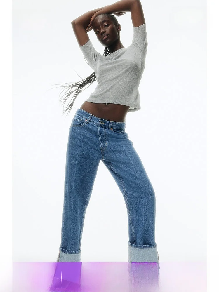 

H&M Women's Jeans Summer 5 Pocket Casual Fashion Straight Leg Long Pants Standard Fit Cotton 100% Natural Waist Long Trousers