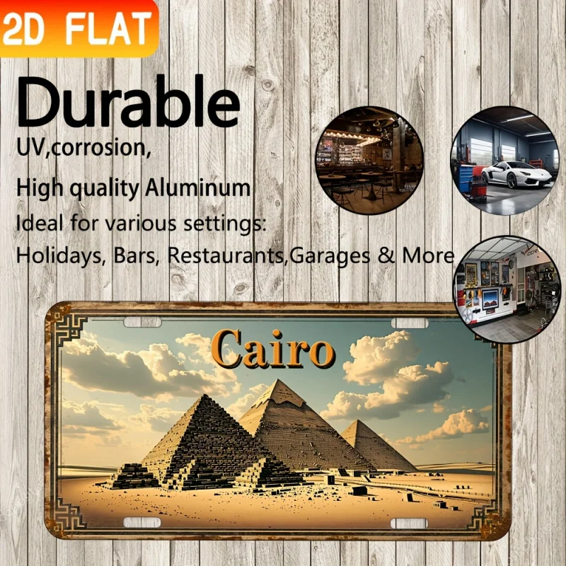 HD Aluminum Print, Vintage Cairo Egypt Great Pyramids of Giza Retro License Plate Style Wall Art, High Definition Bend-Resistant