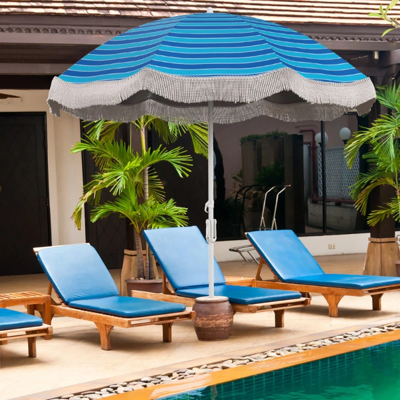 6.5 FT Beach Umbrella with Fringe Tassel Push Button Tilt Sand Anchor