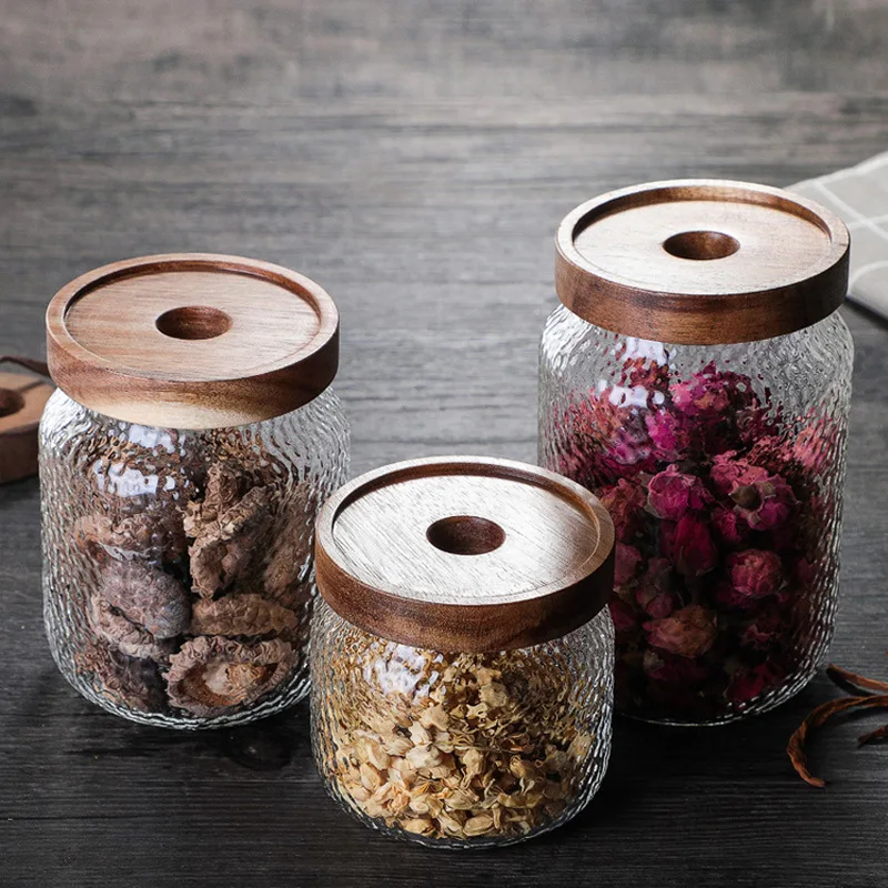 Glass wooden lid sugar jar, dried fruits, miscellaneous grains, tea, sealed storage bottle, coffee bean storage jar