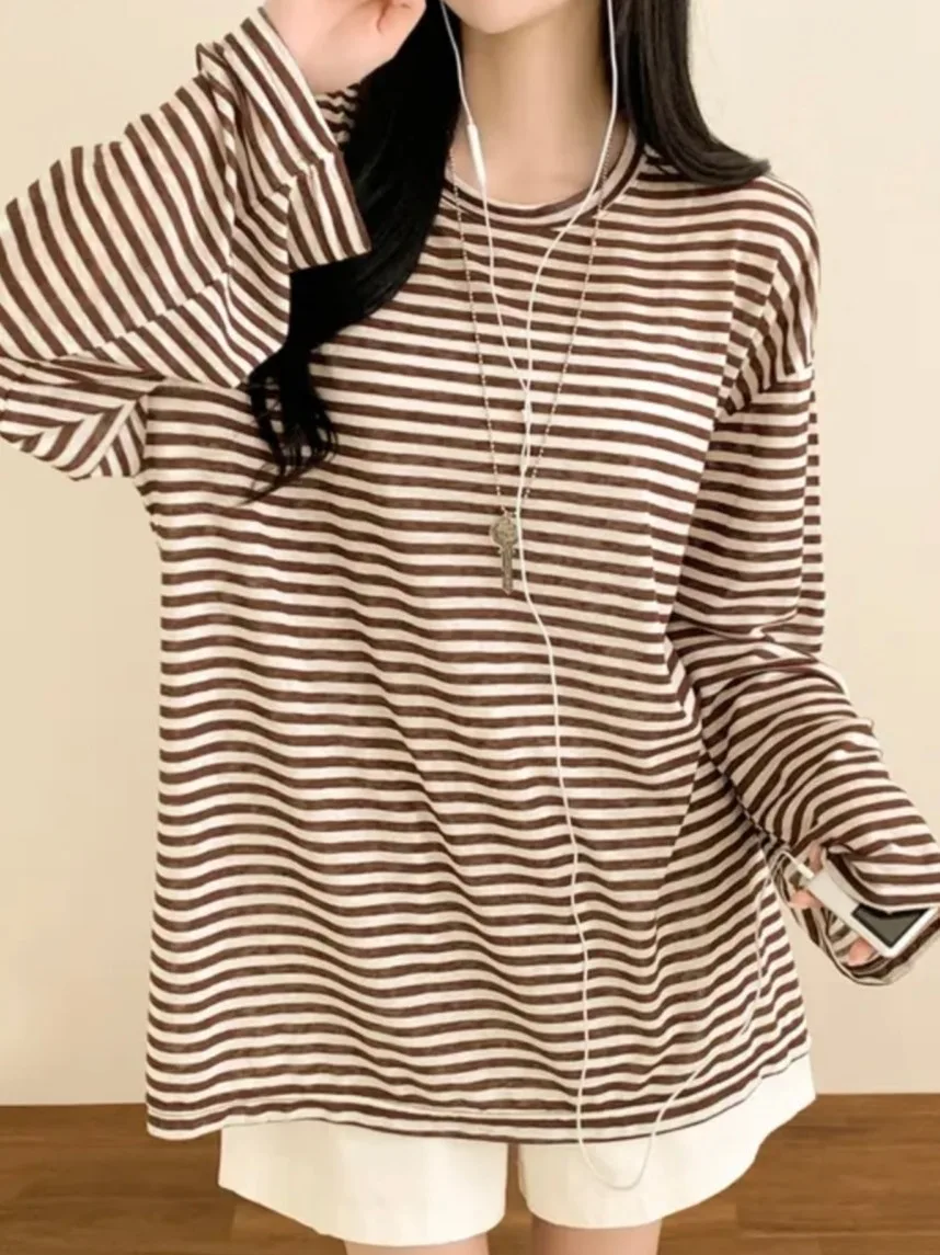 

Unique Korean Sle Slim Fit Long Sve round Ne Striped Thin T-irt Women's Loose Design Sunade Top Faionable Casual...