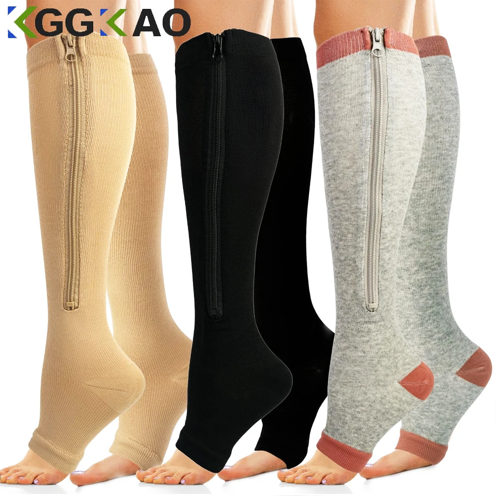 2pc Sports Compression Zipper Socks Vein Stretch Socks Women Men High Elasticity Pressure Long Cycling Socks Leg Support