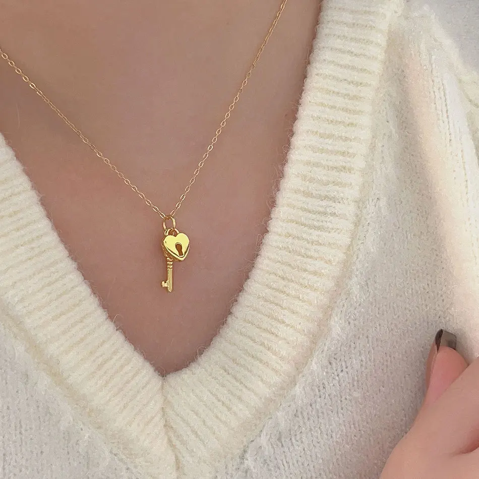 18K Gold INS 925 Sterling Silver Love Heart Lock Key Pendant Necklace Jewelry  C-B1222
